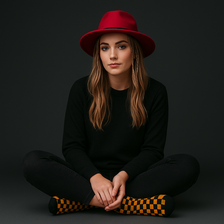 Young woman with long blonde hair and small braids sits cross-legged against a dark gray backdrop. She wears a red fedora, black sweater, black pants, and yellow checkerboard socks, with both feet angled forward to highlight the bold sock design.