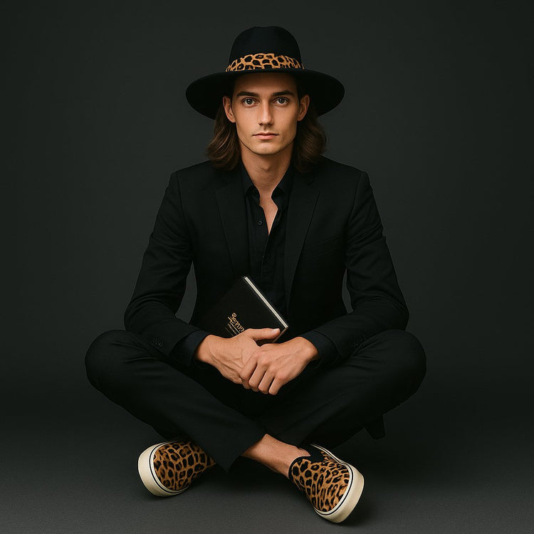 Young man wears a black suit, leopard-print slip-on shoes, and a black fedora with a matching band.