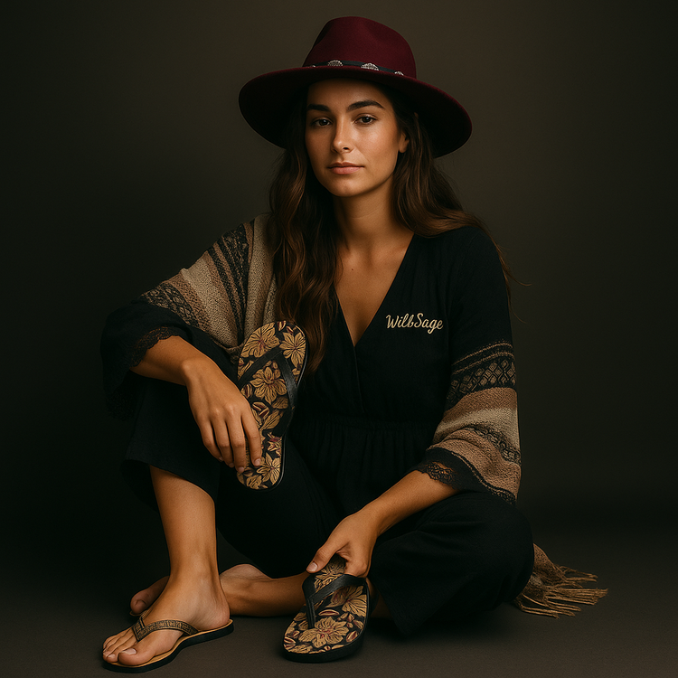 Woman wearing boutique unisex flip flops online holding a pair with floral design in a stylish setting