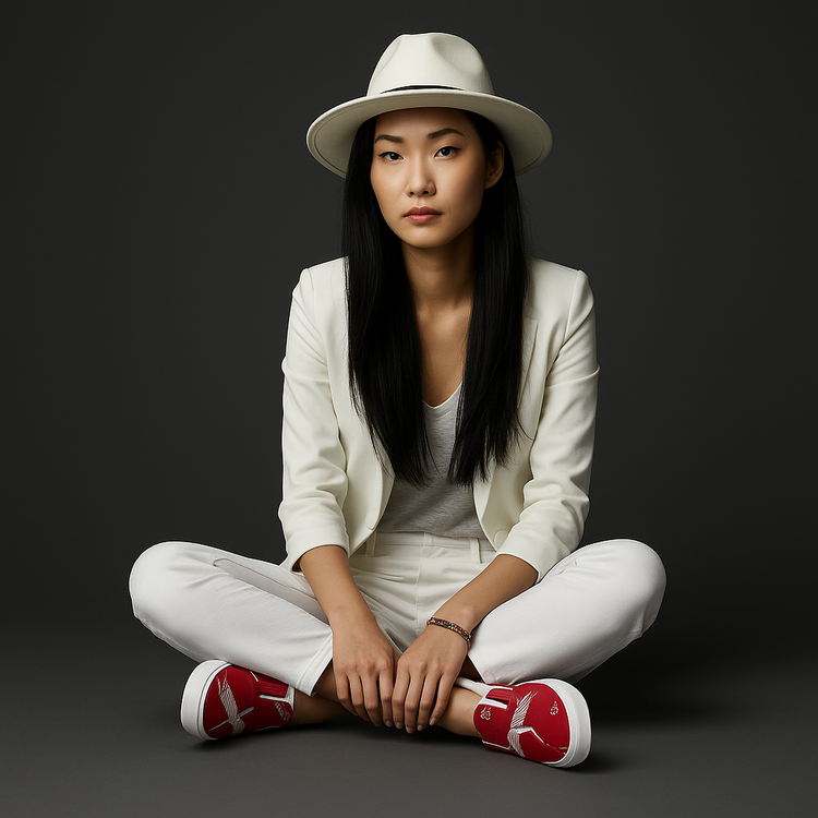 Young EAsian woman with long black hair and a white wide-brim hat sits cross-legged in a minimalist studio, wearing red slip-on canvas shoes with white crane and leaf pattern. Shoes are the focal point, highlighting the Asian-inspired design.