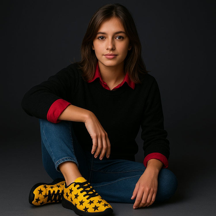 Young woman wearing unique yellow womens athletic shoes with black star designs sitting against dark background