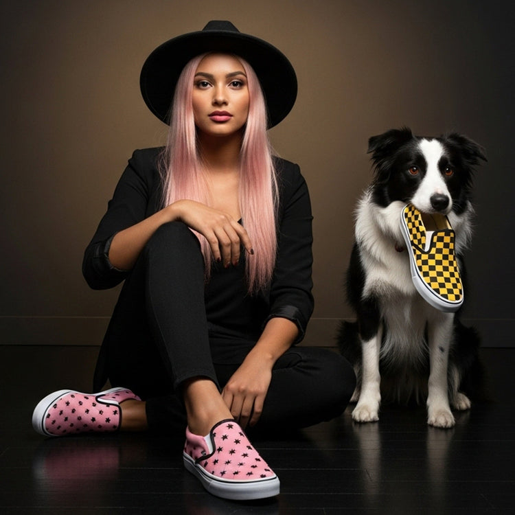 Model showcasing geometric patterned womens shoes and footwear in stylish red design with a unique pattern