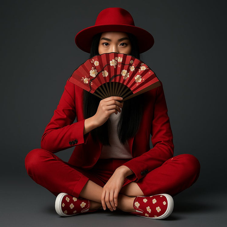 Woman in red outfit and floral slip-on shoes representing the exotic asian inspired womens shoes collection