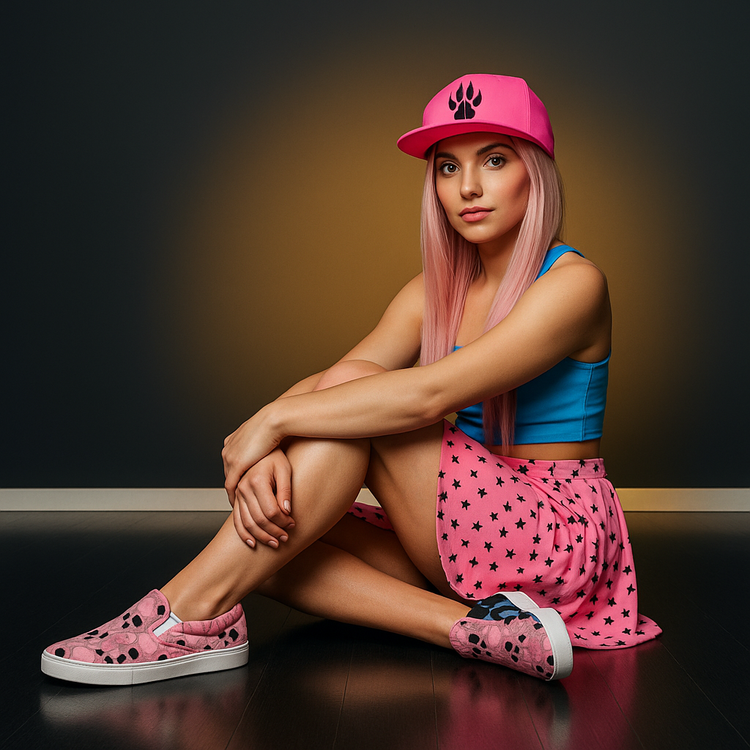 young woman wearing Pink skull slip on canvas shoes