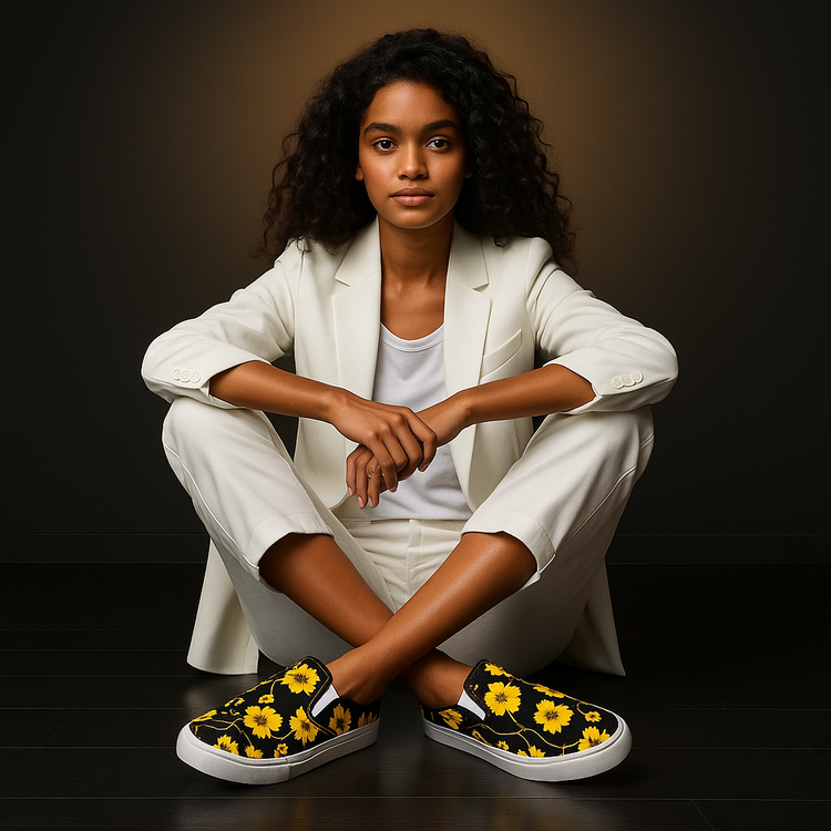 Woman wearing stylish floral print footwear for women with yellow flowers, paired with a white suit