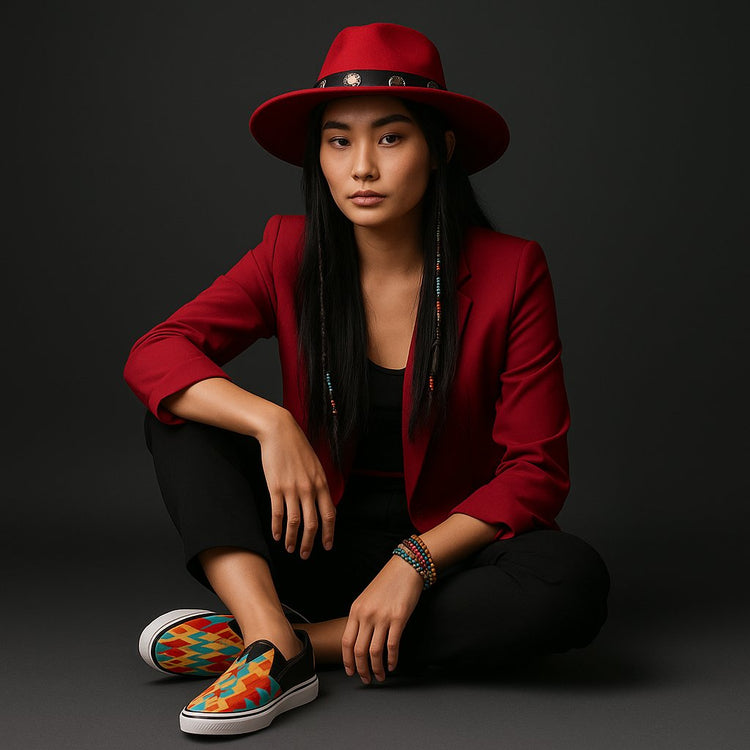 Young Native American woman sits cross-legged wearing bold slip-on canvas shoes with a Southwestern tribal pattern in turquoise, red, and orange. She wears a red suit and fedora with silver conchos, braided hair with beads, and layered beaded bracelets.