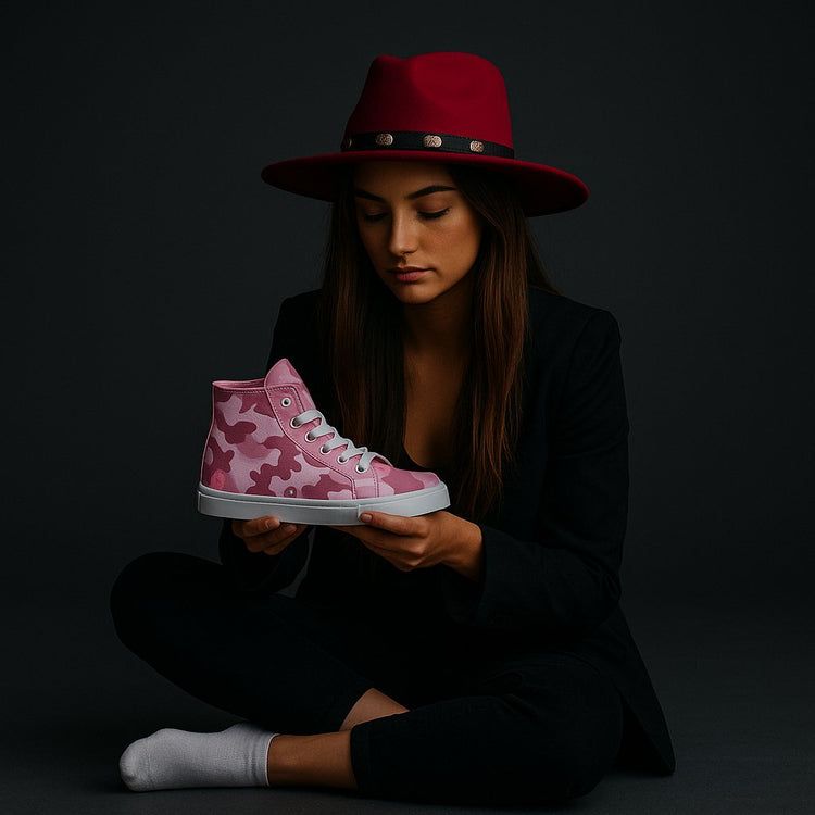 Woman sits cross-legged iwearing a red hat and black outfit. She holds a pink camo sneaker in her hands, with one foot forward in a white sock and the other foot in a matching shoe, posed to highlight the footwear against a dark backdrop.