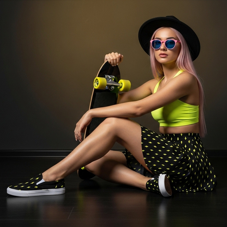 Model showcasing the latest WildSage shoe designs with custom footwear in a stylish red outfit