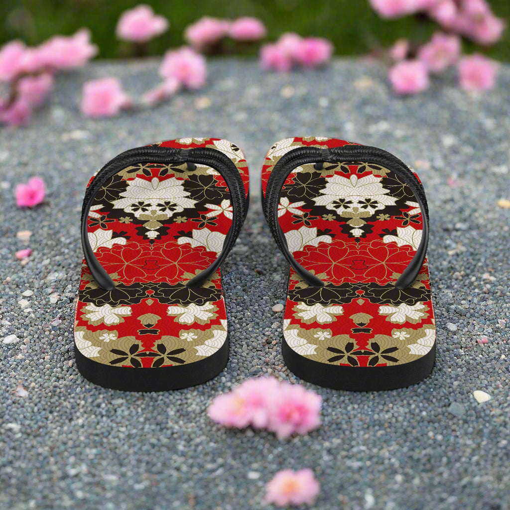 WildSage Market Asian floral print flip-flops featuring a vibrant red and black design