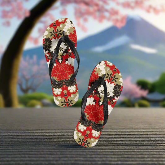 WildSage Market Asian floral print flip-flops with vibrant red and black flowers against a scenic background