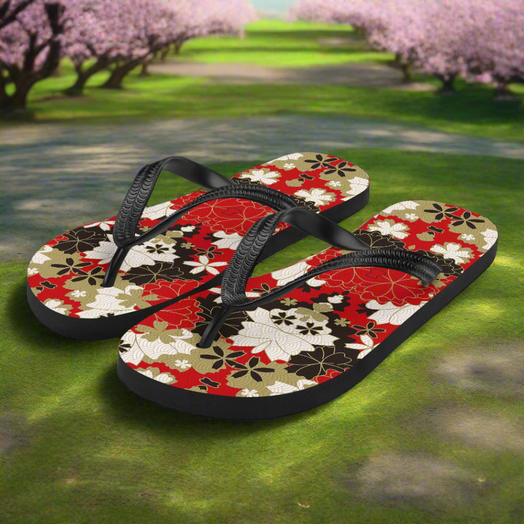 WildSage Market Asian floral print flip-flops with vibrant flower designs on a black background