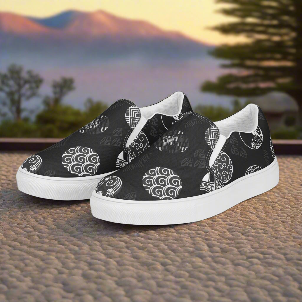 WildSage Market Asian Print Slip-on Canvas Shoes with a stylish black design featuring intricate patterns