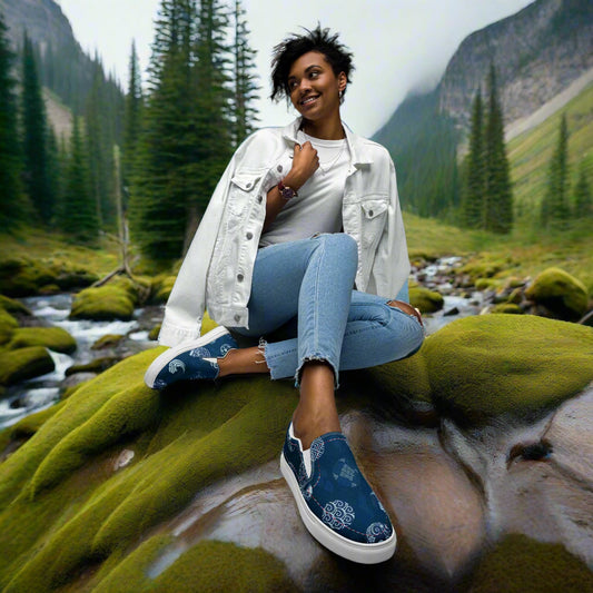Stylish Asian Print Slip-on Canvas Shoes worn by a woman against a scenic mountain backdrop