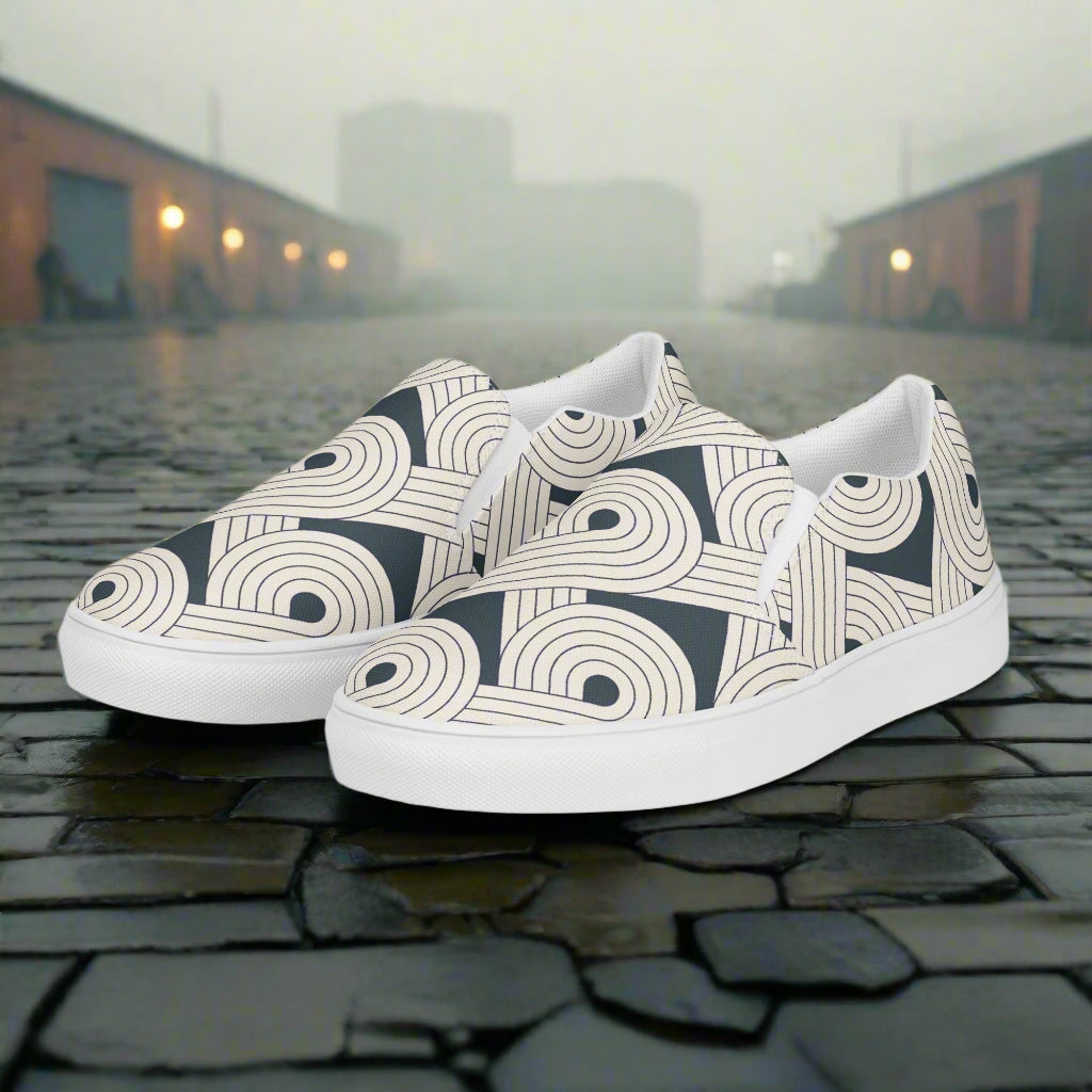 Asian Print Slip-on Canvas Shoes Dream Cloud featuring a stylish geometric design on a modern silhouette