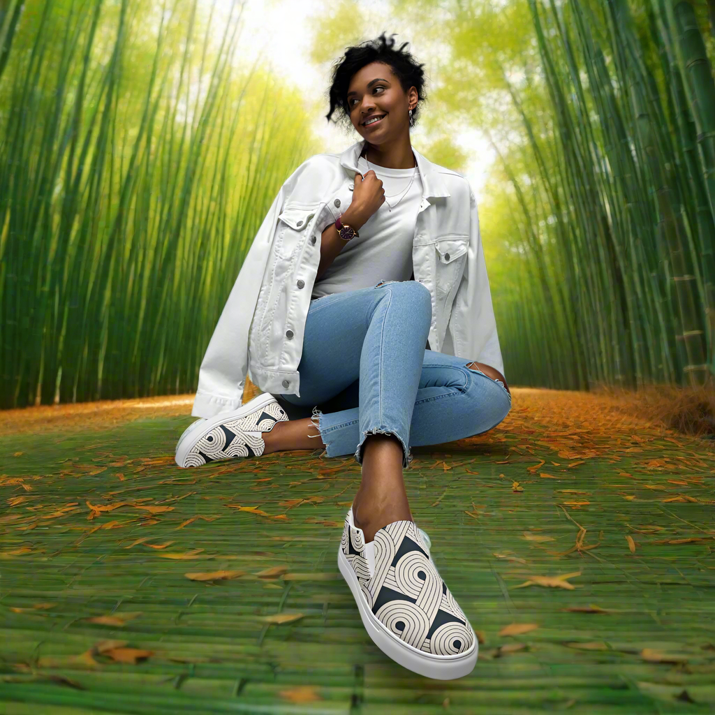 Asian Print Slip-on Canvas Shoes Dream Cloud worn by a model in a bamboo forest setting