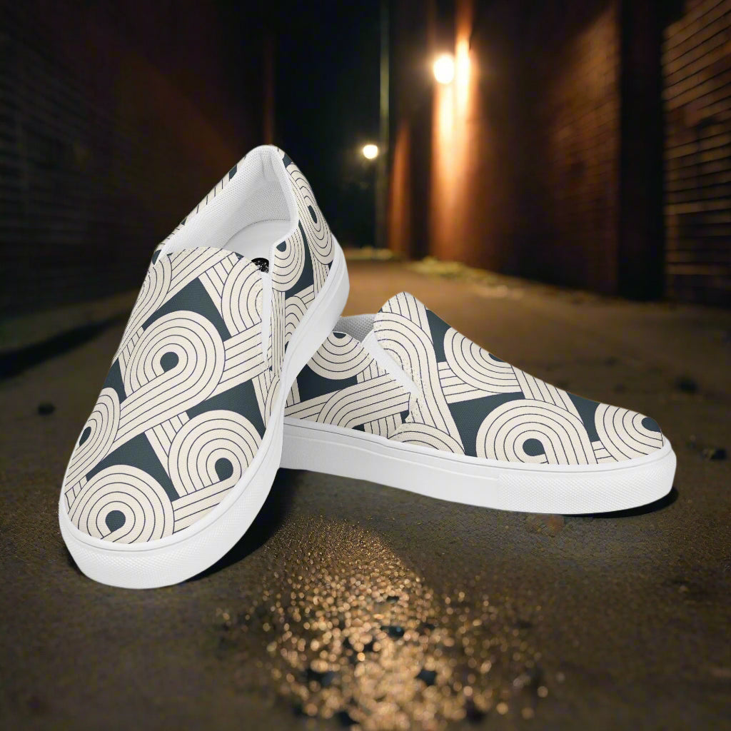 Asian Print Slip-on Canvas Shoes Dream Cloud featuring a unique geometric design on a sleek silhouette