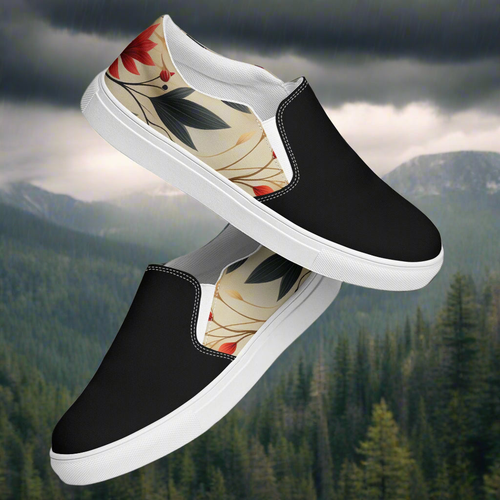 Autumn Fire Two Tone Slip-on Canvas Shoes with Floral Design and Black Base for Stylish Comfort