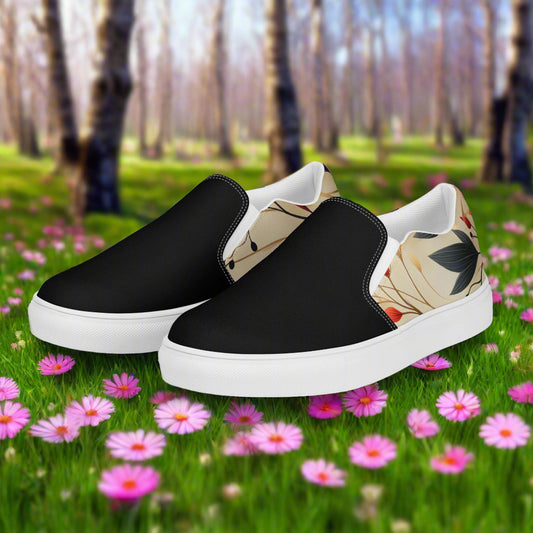Autumn Fire Two Tone Slip-on Canvas Shoes featuring a floral design and black slip-on style