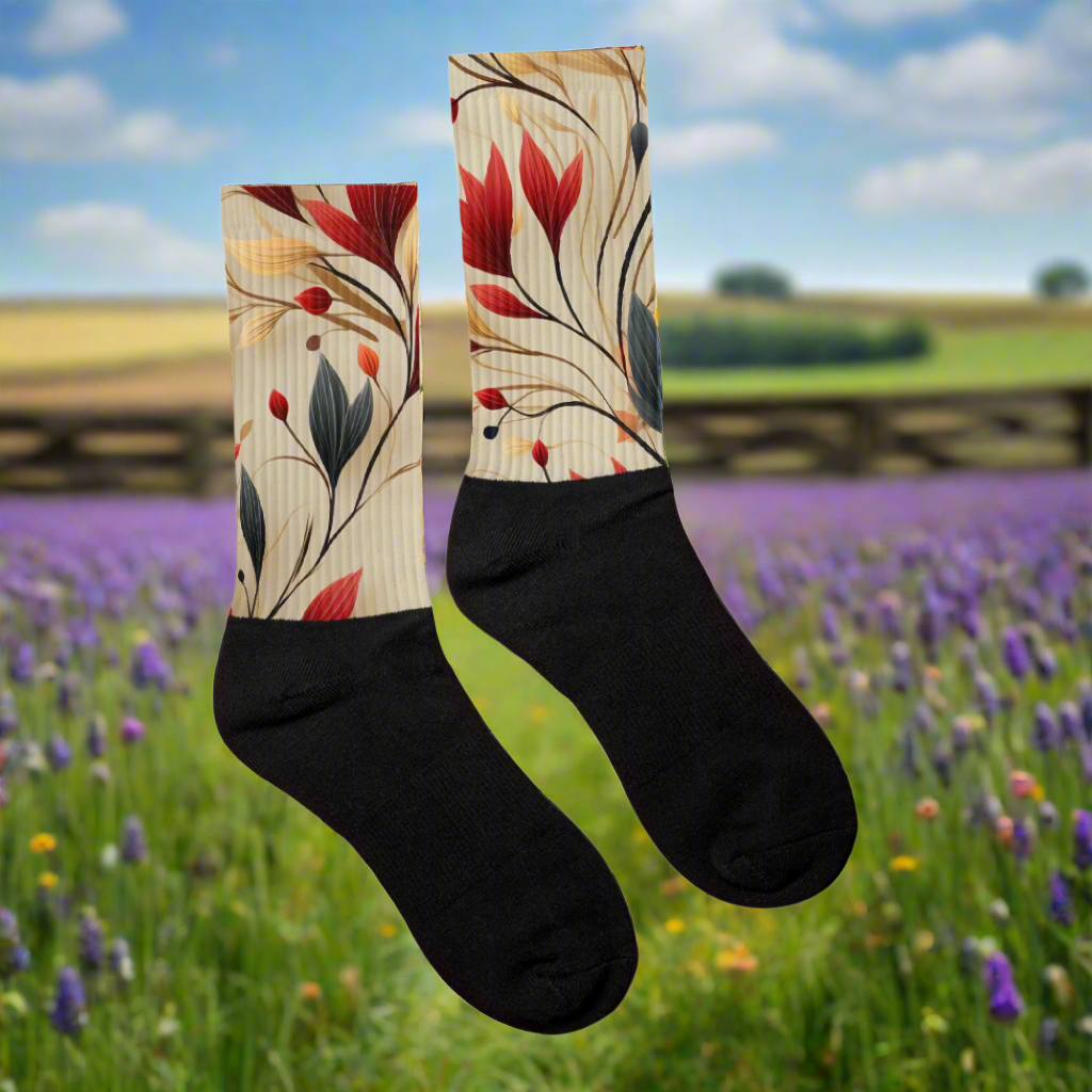 Autumn Fire Unisex Black Bottom Socks with floral design for stylish comfort in every season