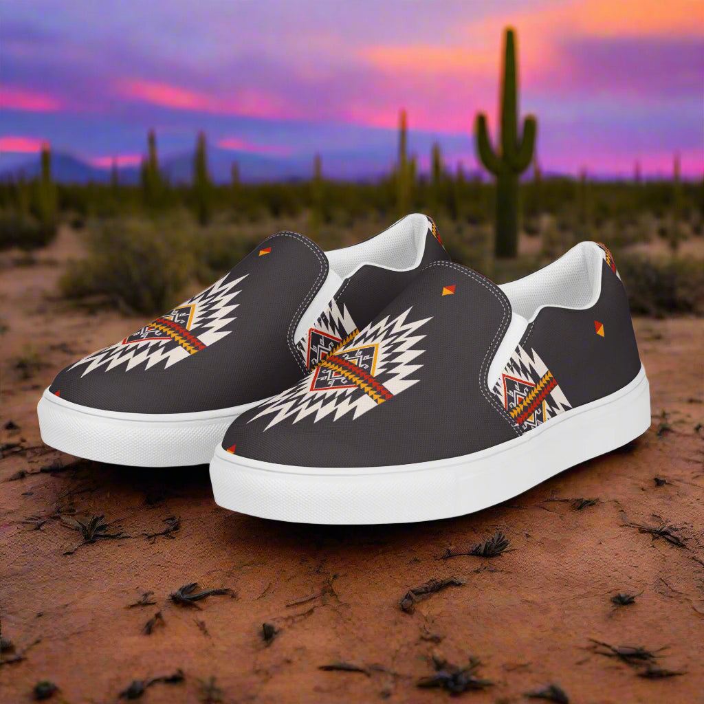 Azteca Southwest Print Slip-on Canvas Shoes featuring vibrant tribal patterns on a stylish background