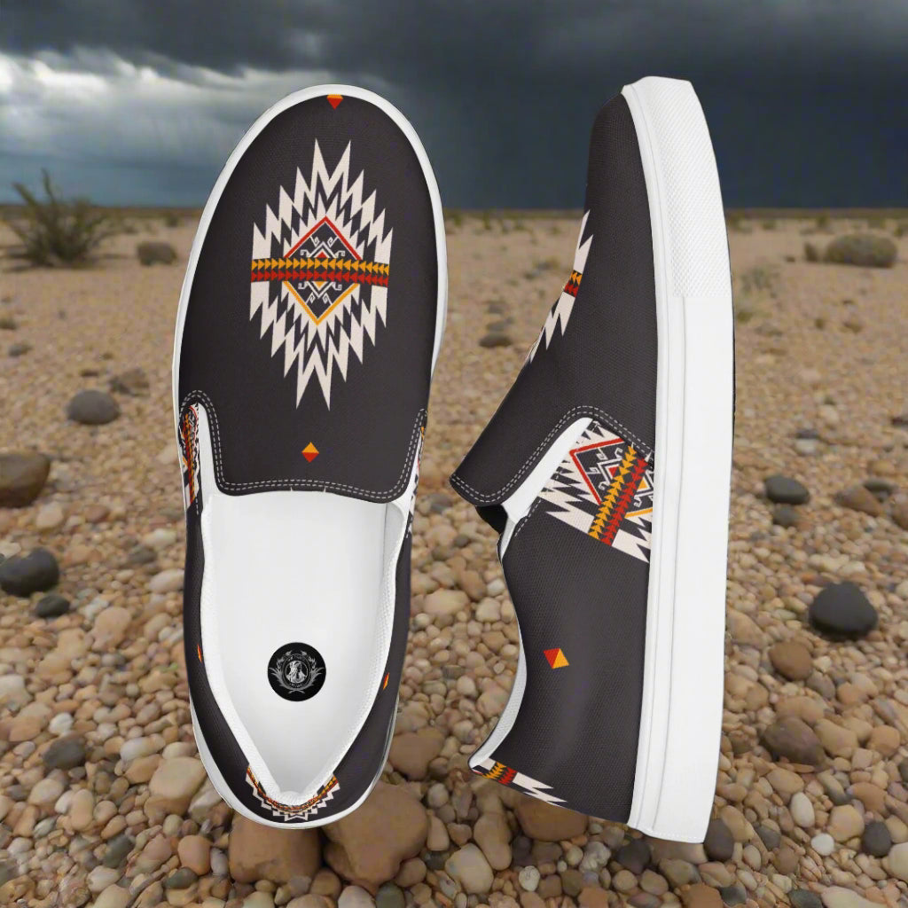 Azteca Southwest Print Slip-on Canvas Shoes in Black with Colorful Geometric Patterns