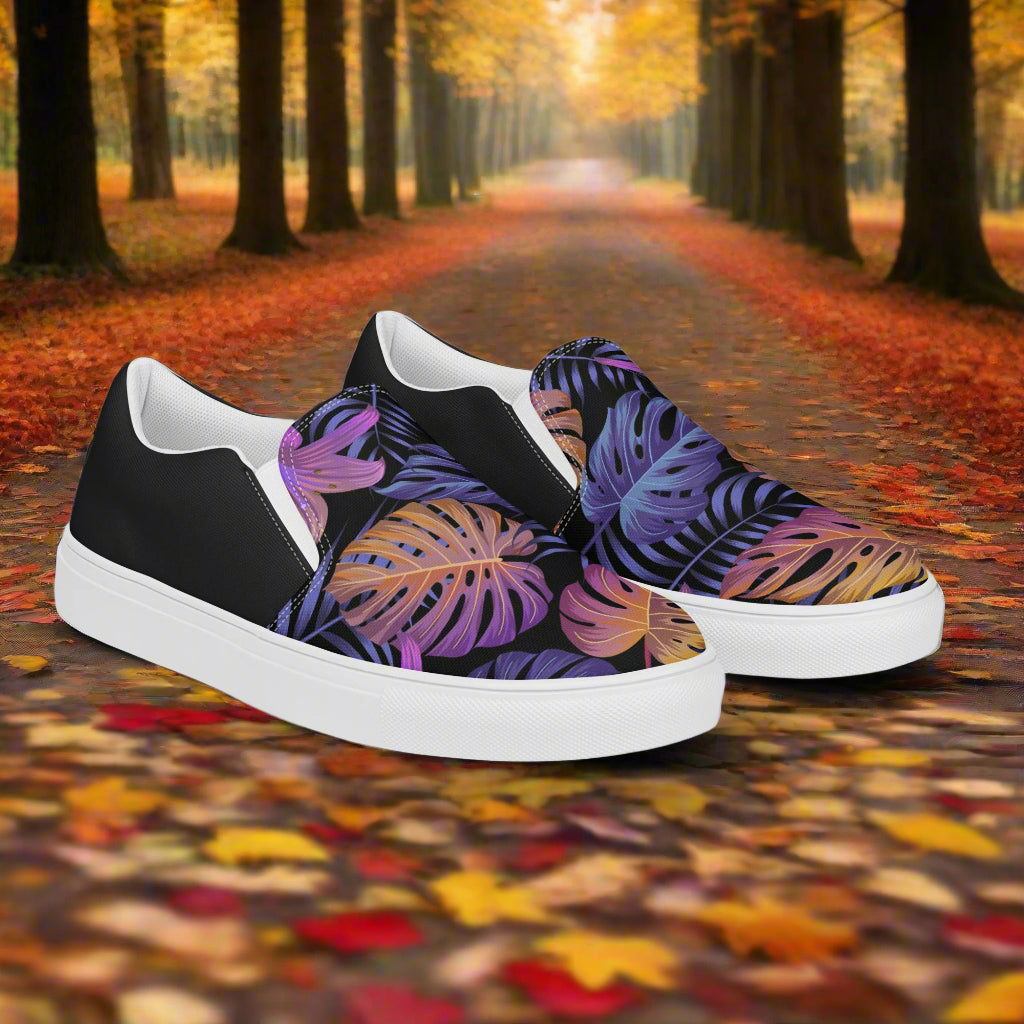 Balidor Halftone Slip-on Canvas Shoes featuring a colorful tropical leaf design on a stylish background