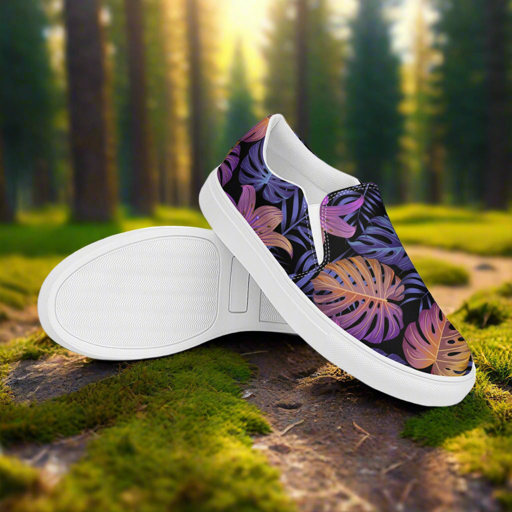 Balidor Slip-on Floral Print Canvas Shoes featuring vibrant tropical designs on a black background