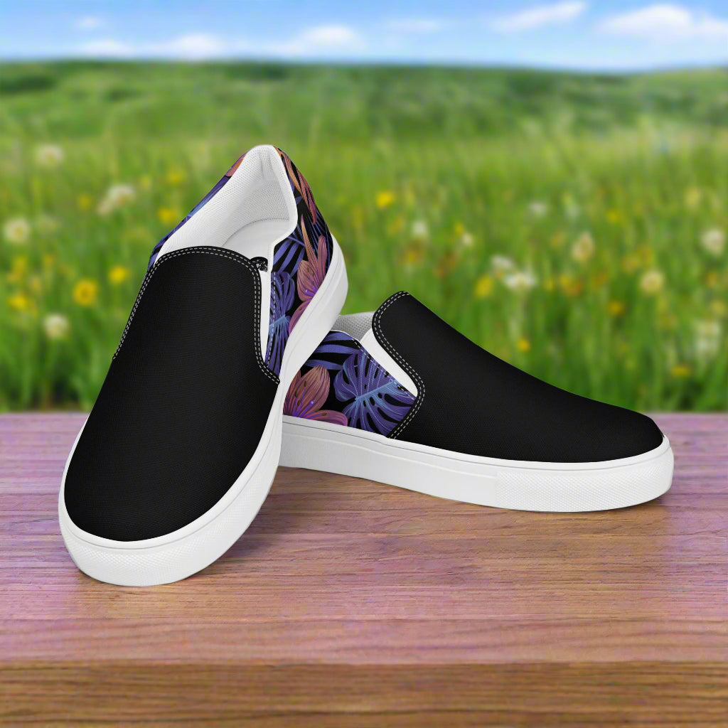 Balidor Two Tone Slip-on Canvas Shoes with a floral design and solid black side panels