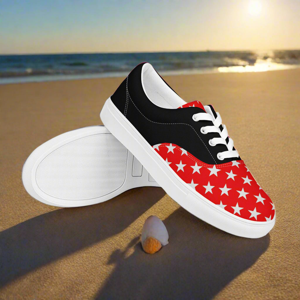 White Star Red Halftone Lace-up Canvas Shoes by WildSage Market on sandy beach with ocean background