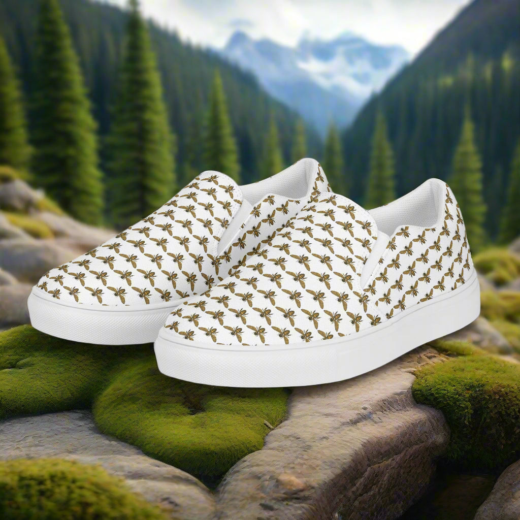 WildSage Market white slip on shoes featuring a bee pattern slip on shoes design with comfortable soles