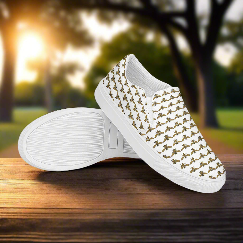 WildSage Market bee pattern slip on shoes with white sole and bee print design on canvas