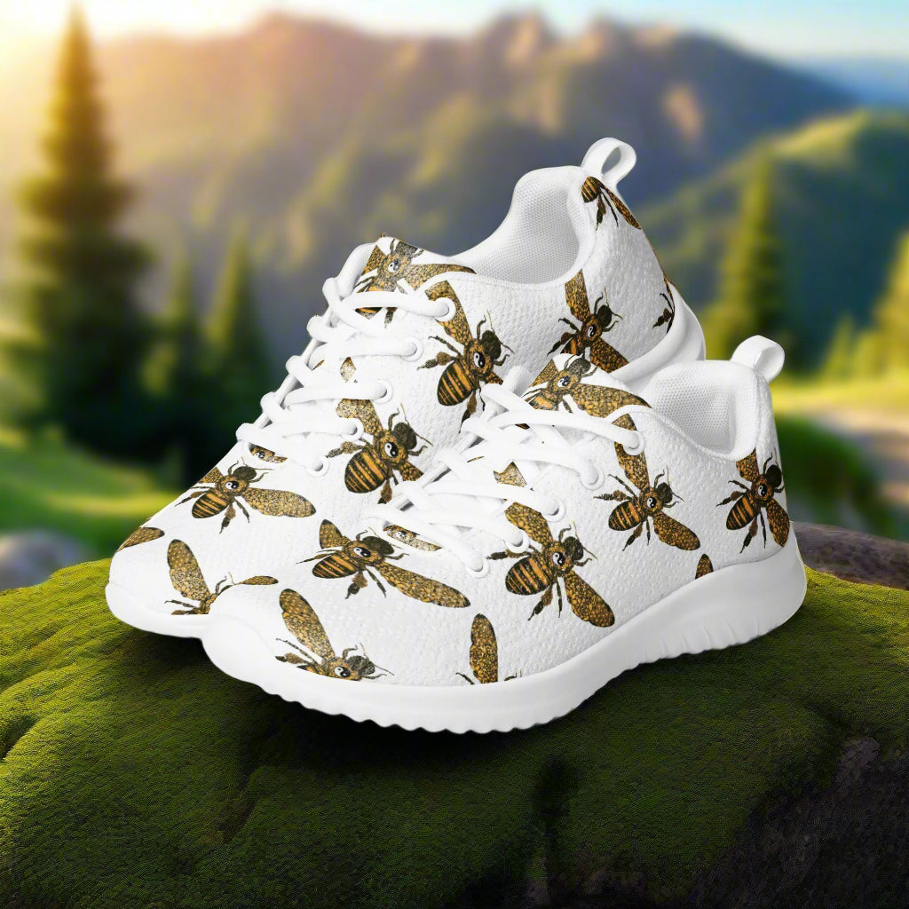 WildSage Market women's white bee print athletic shoes with honeybee design and comfortable soles