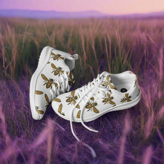 WildSage Market women's bee print athletic shoes with white base and detailed bee design
