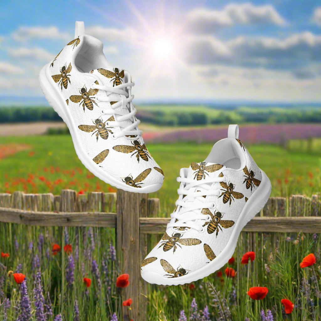 WildSage Market women's bee print athletic shoes in white with detailed yellow and black bee pattern