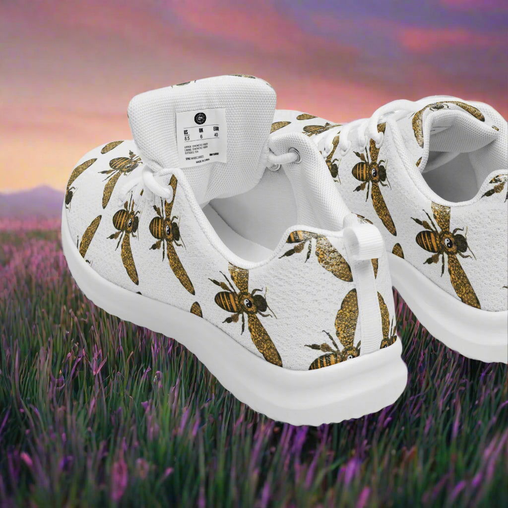 WildSage Market women's bee print athletic shoes with white soles and detailed bee pattern