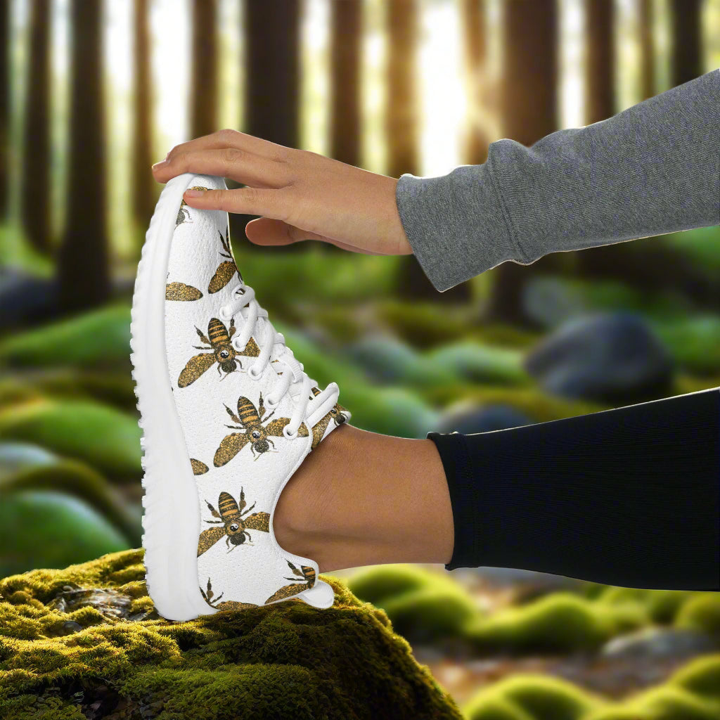 WildSage Market women's bee print athletic shoes in white with bee design and textured sole
