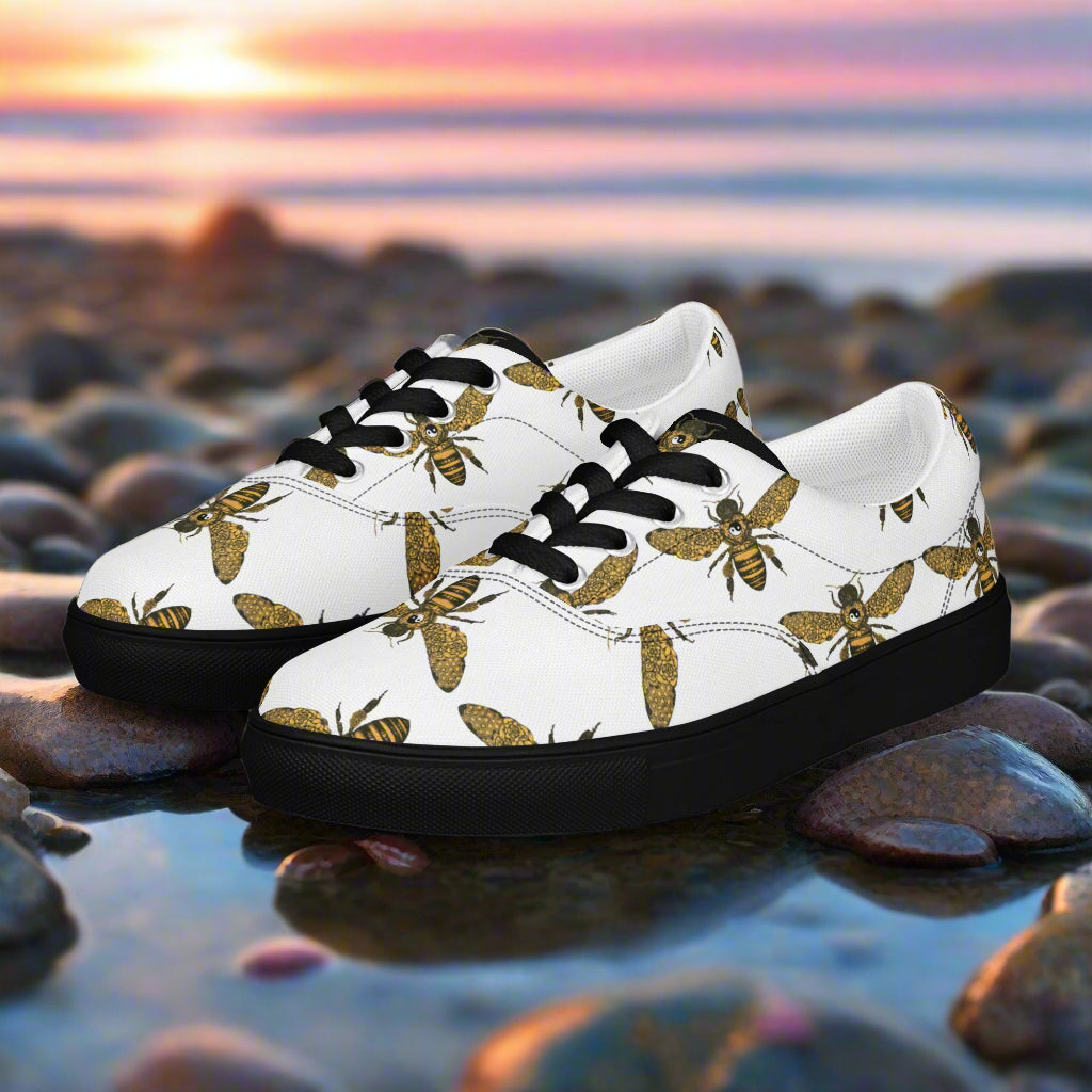 WildSage Market lace-up canvas shoes with bee print on white background and black soles