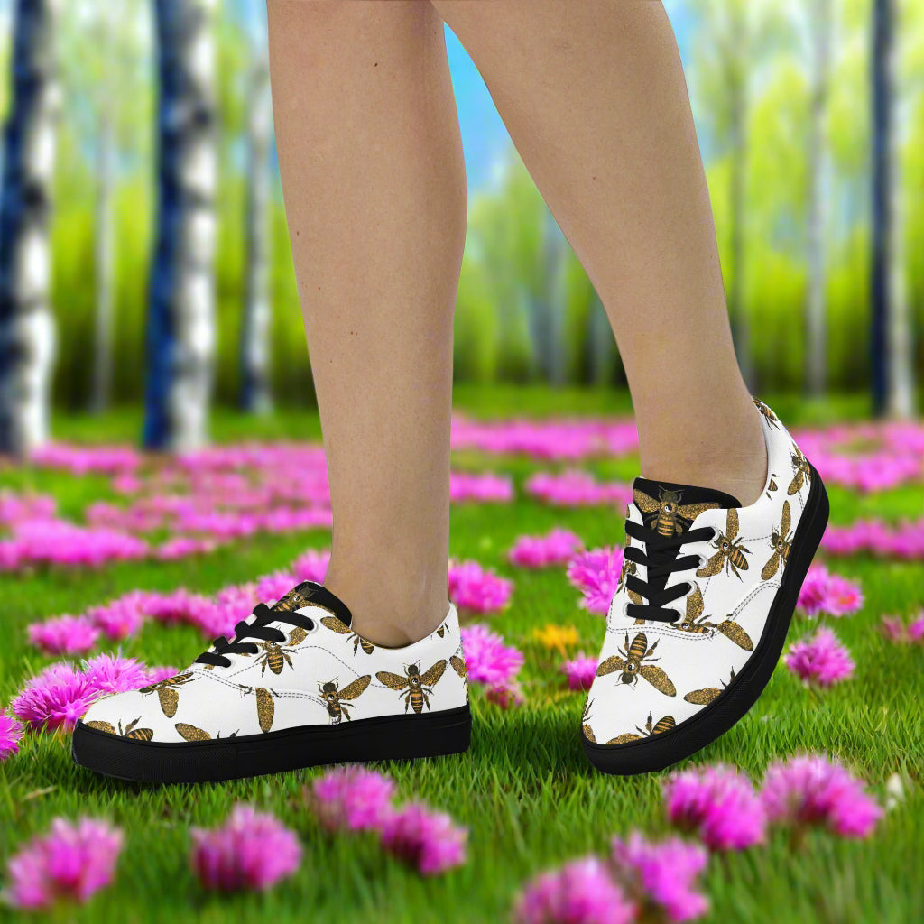 WildSage lace-up canvas shoes with bee print on white background and black soles