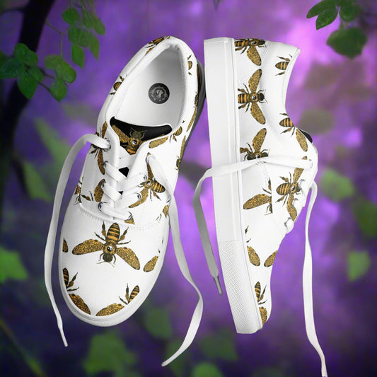 WildSage Market lace-up canvas shoes with bee print on white background and white laces
