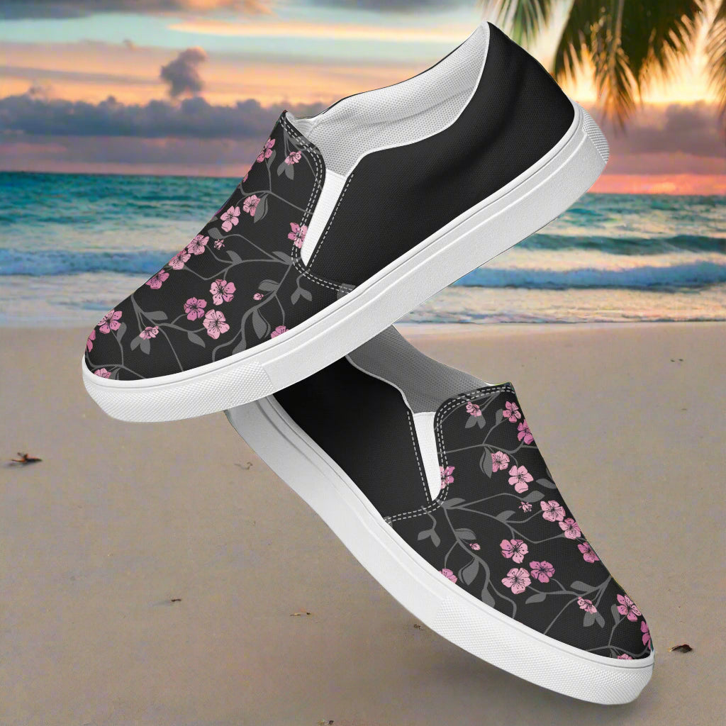 Black Cherry Halftone Slip-on Canvas Shoes featuring Floral Design on Stylish Background