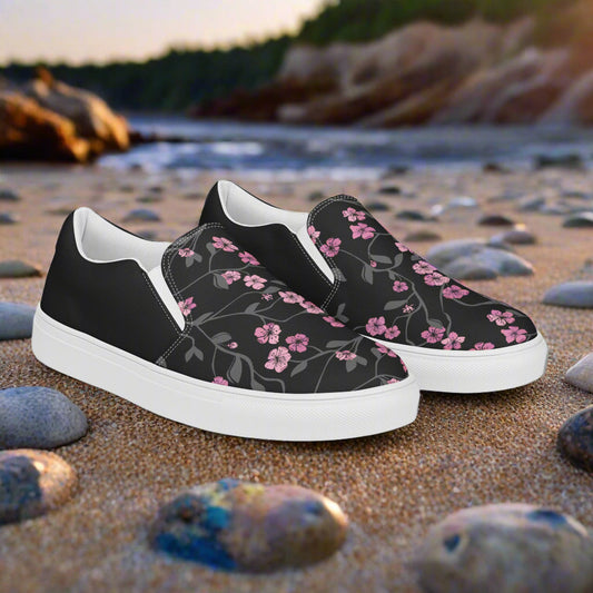 Black Cherry Halftone Slip-on Canvas Shoes featuring floral design perfect for casual outings