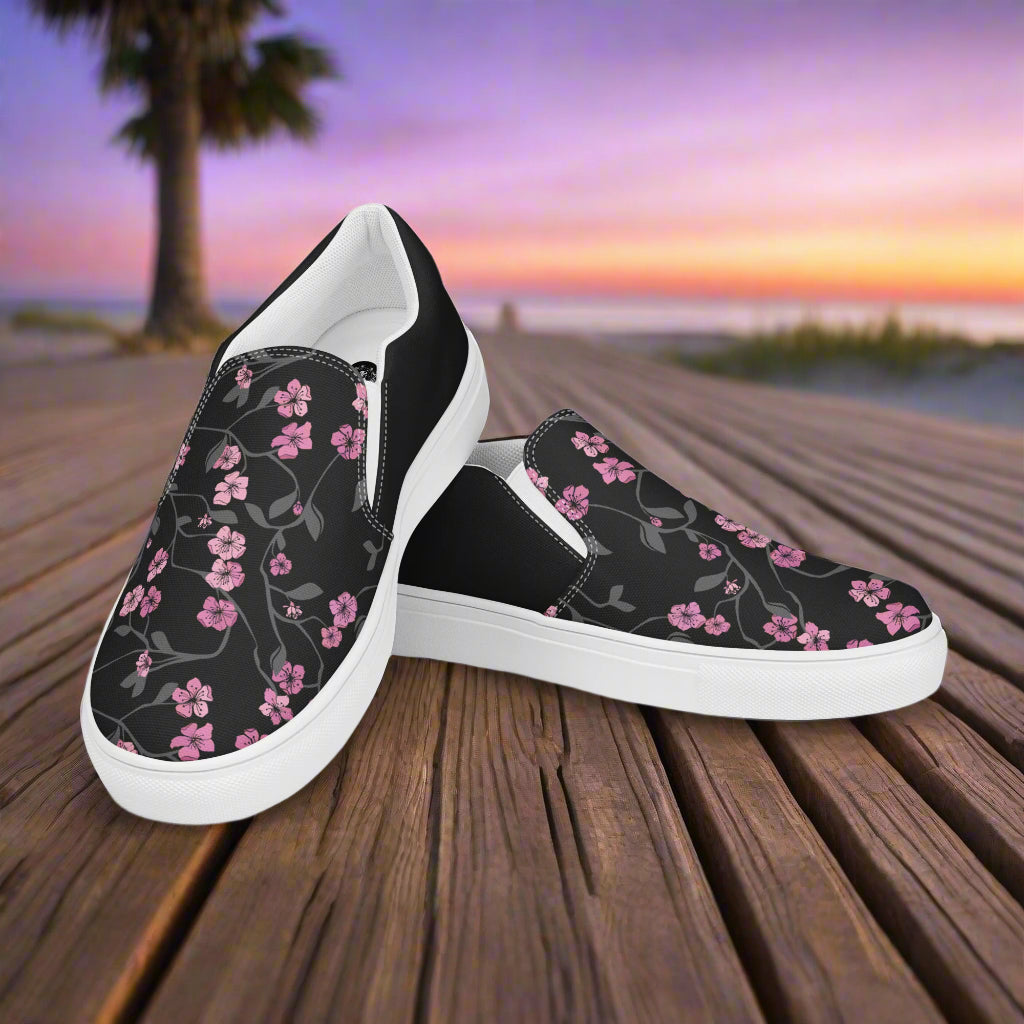 Black Cherry Halftone Slip-on Canvas Shoes with Floral Design for Stylish Casual Wear