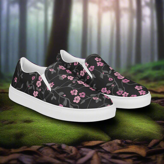 Black Cherry Slip-on Canvas Shoes with Floral Print for Comfortable Casual Wear