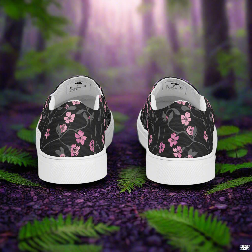 Black Cherry Slip-on Canvas Shoes featuring a floral design, ideal for casual outings and comfortable wear