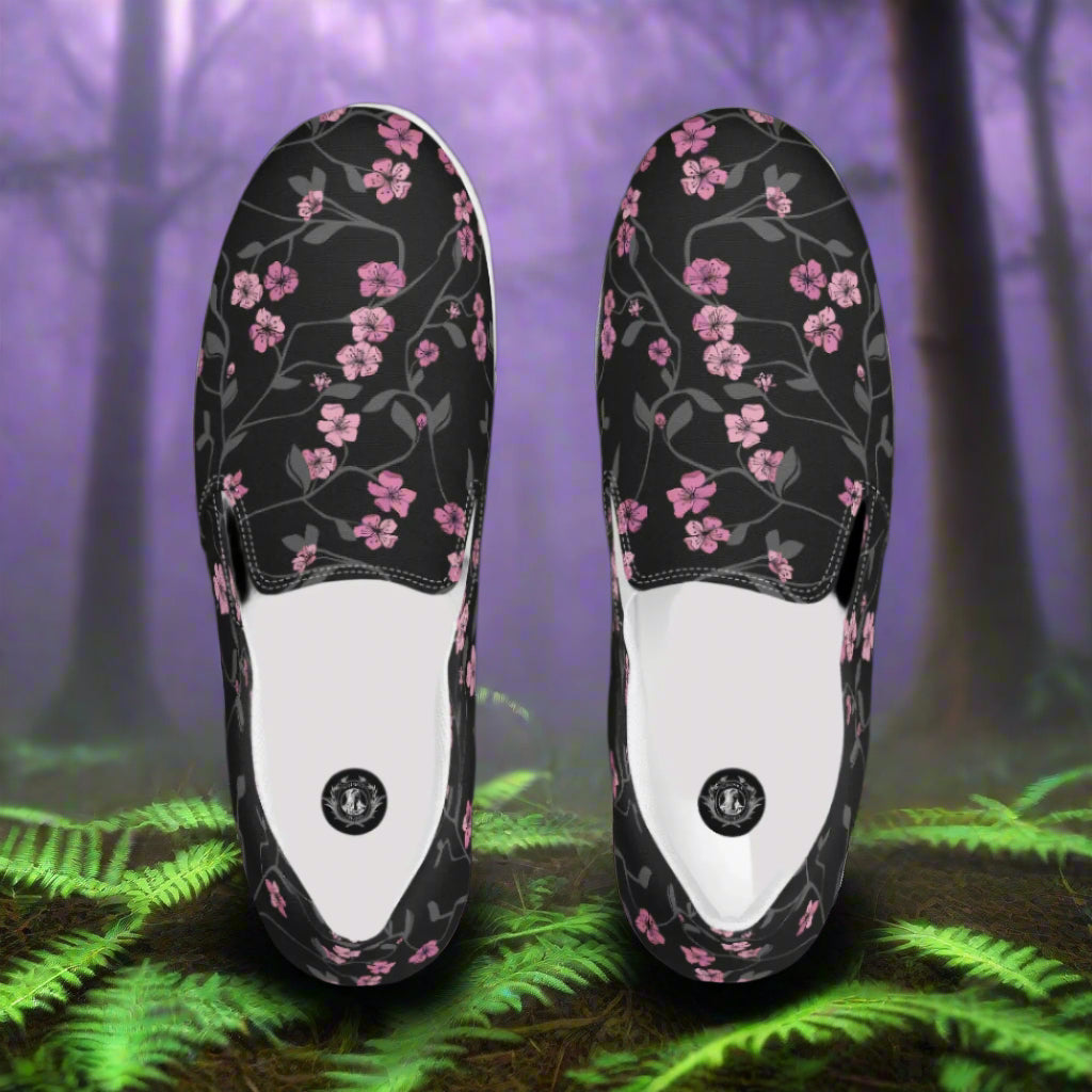 Black Cherry Slip-on Canvas Shoes featuring a floral design with pink flowers on a dark background