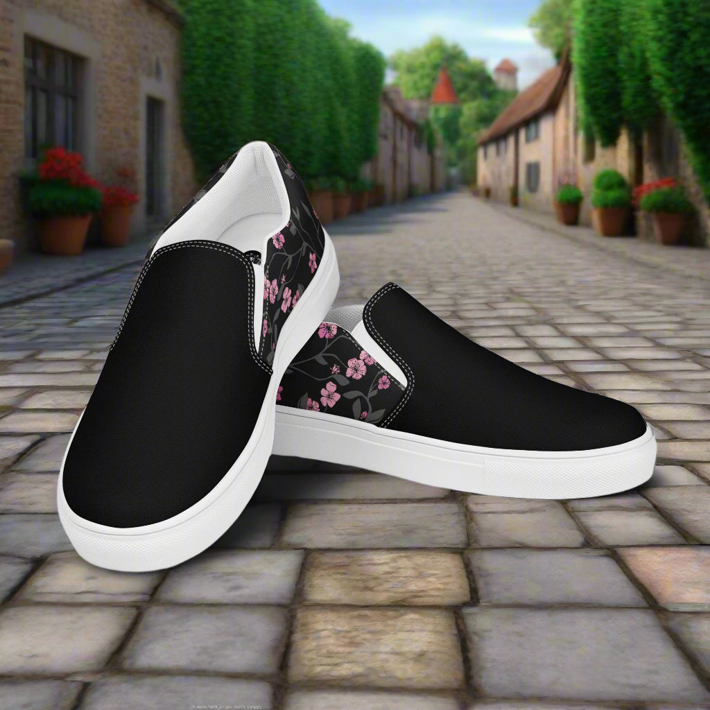 Black Cherry Two Tone Slip-on Canvas Shoes featuring floral accents and a sleek design for casual wear