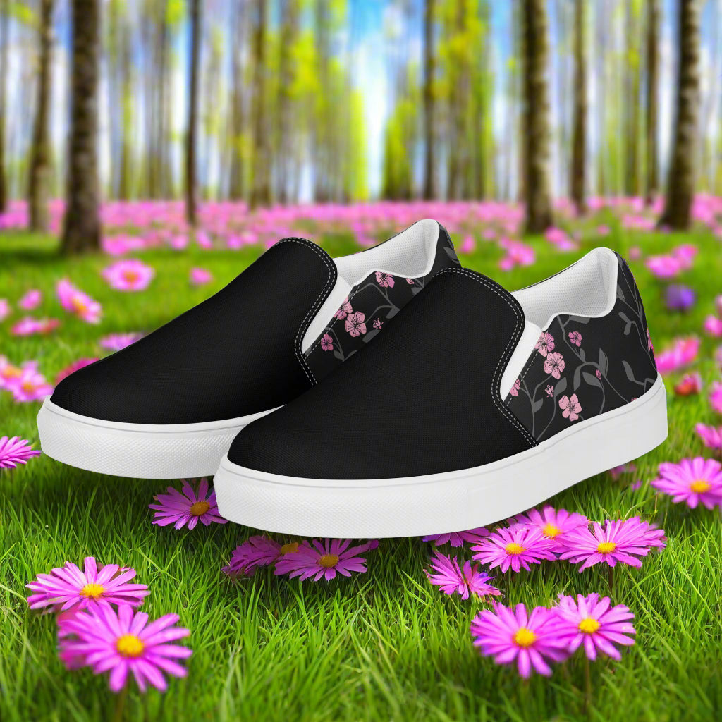 Black Cherry Two Tone Slip-on Canvas Shoes with Floral Design on Side for Stylish Comfort