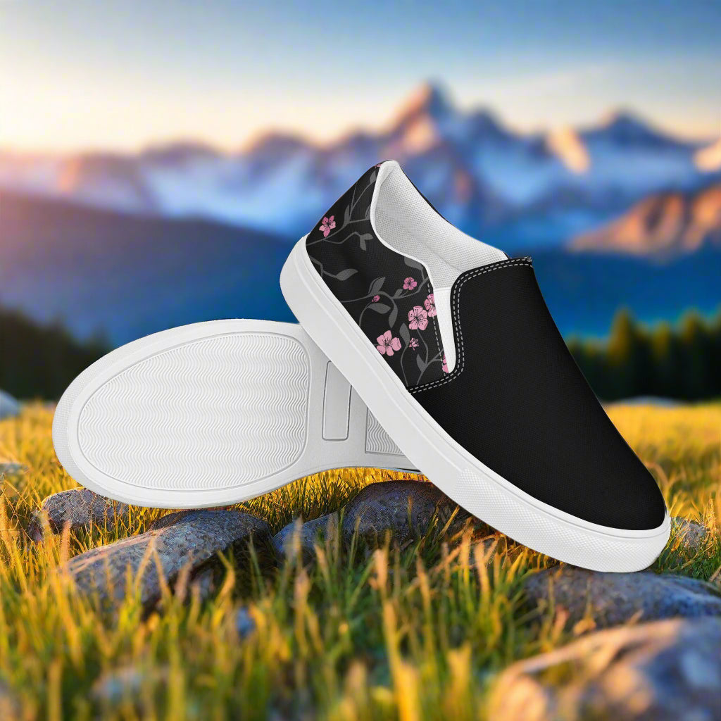 Black Cherry Two Tone Slip-on Canvas Shoes with Floral Design and Durable White Sole