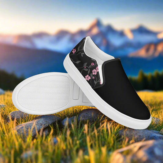 Black Cherry Two Tone Slip-on Canvas Shoes with Floral Design and Durable White Sole