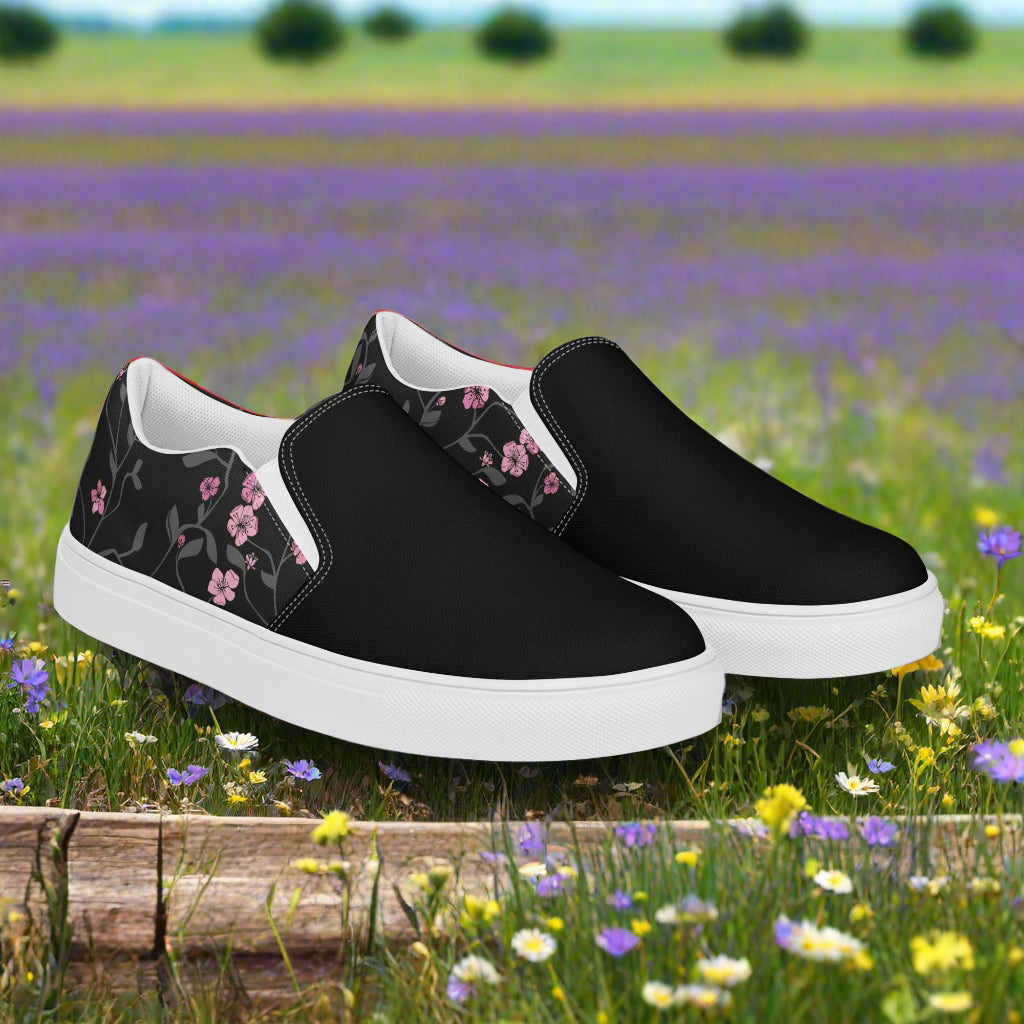 Black Cherry Two Tone Slip-on Canvas Shoes featuring floral design perfect for casual wear